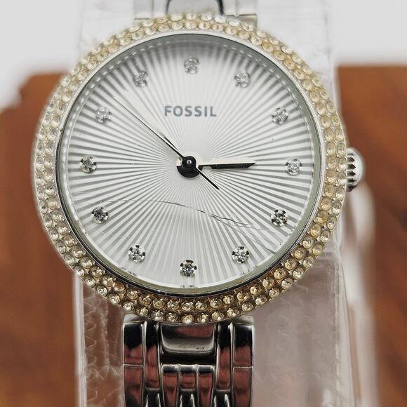 Fossil Women's Crystal Rhinestone Bezel Boyfriend Watch Silver Link Bold ES-3345 - Picture 2 of 7